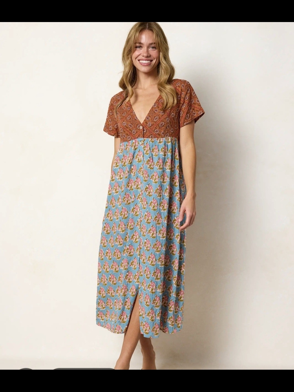 NATURAL LIFE Rust Bodice & Blue Floral Maxi Dress